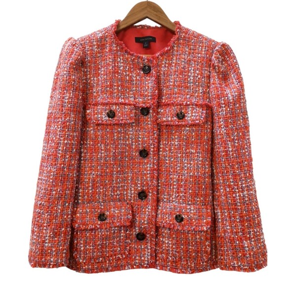Ann Taylor Tweed Jacket 8T TALL Fringe Edge Orange Spark Lined - Picture 2 of 10